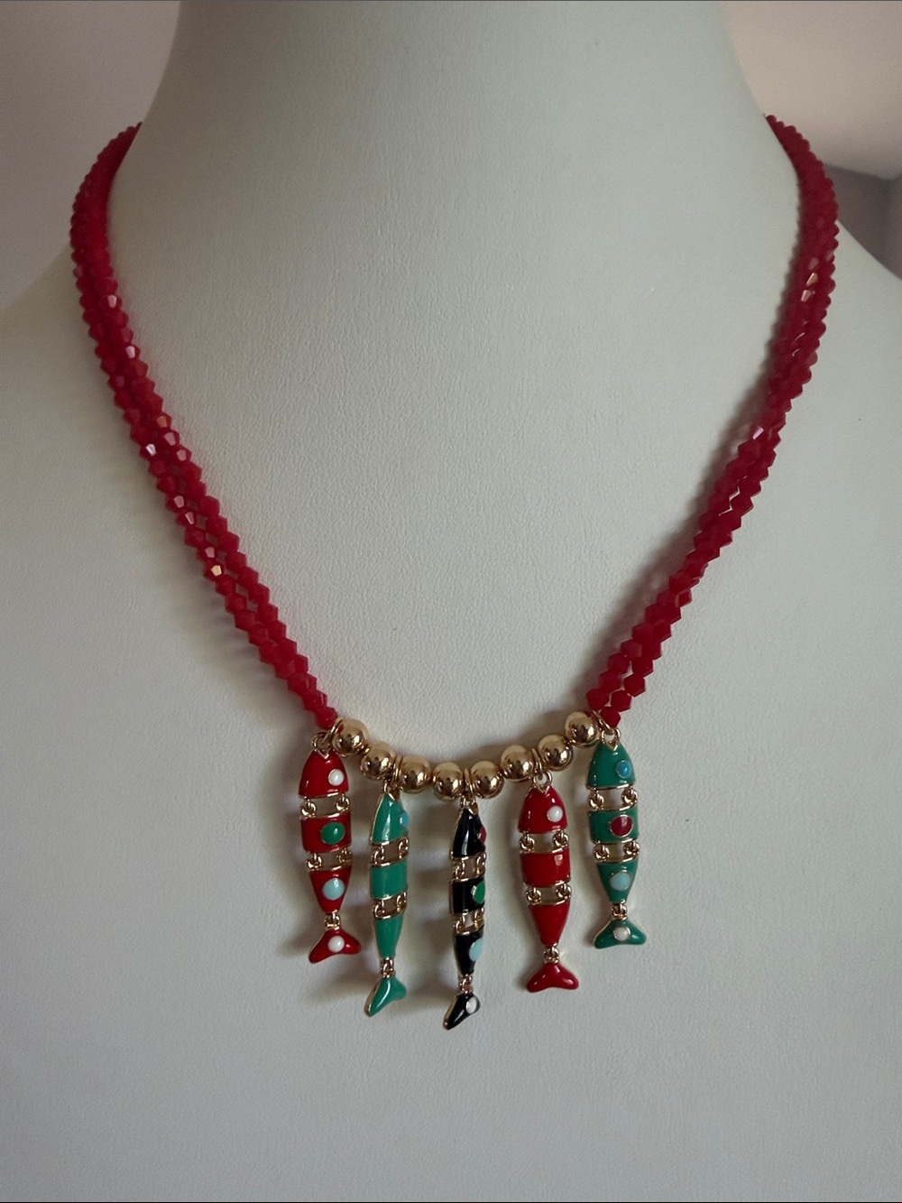 Red Beaded Necklace with Enamel Fish Charms - Designer Style